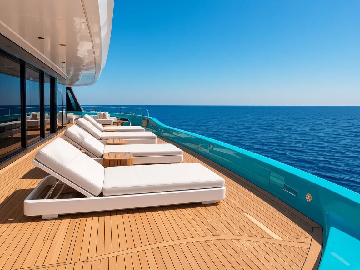 The sun deck of SARAH & MO 2, with loungers facing the Red Sea.