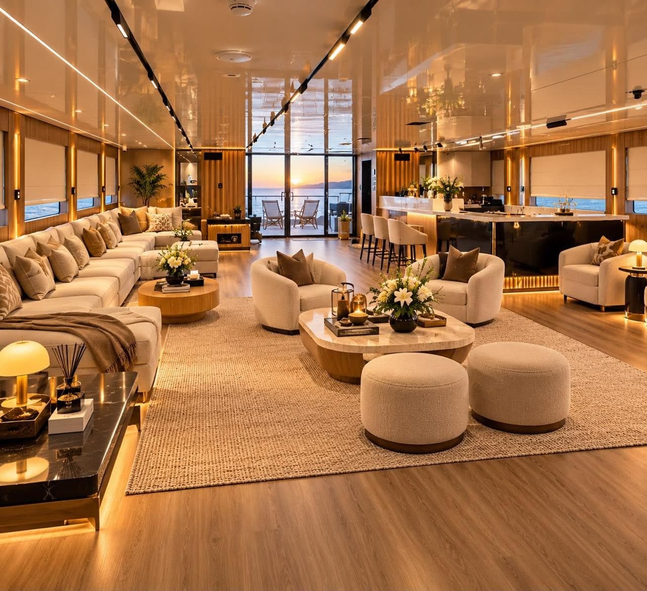 The main salon looking aft toward the deck and a Red Sea sunset.
