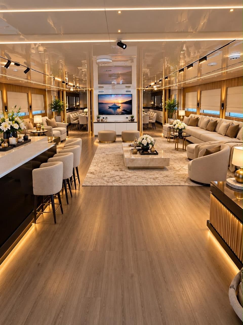 The indoor salon on SARAH & MO 2, with lounge seating, a bar and warm wood finishes.