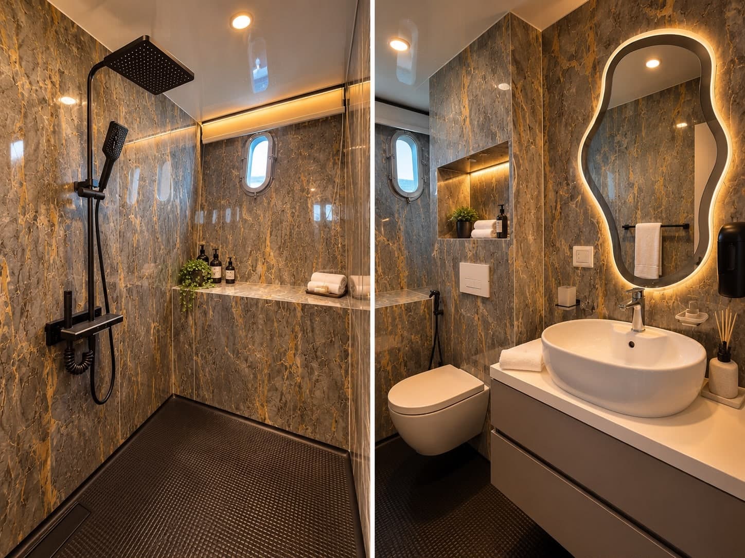 Cabin bathroom details: rainfall shower and vanity with porthole windows.