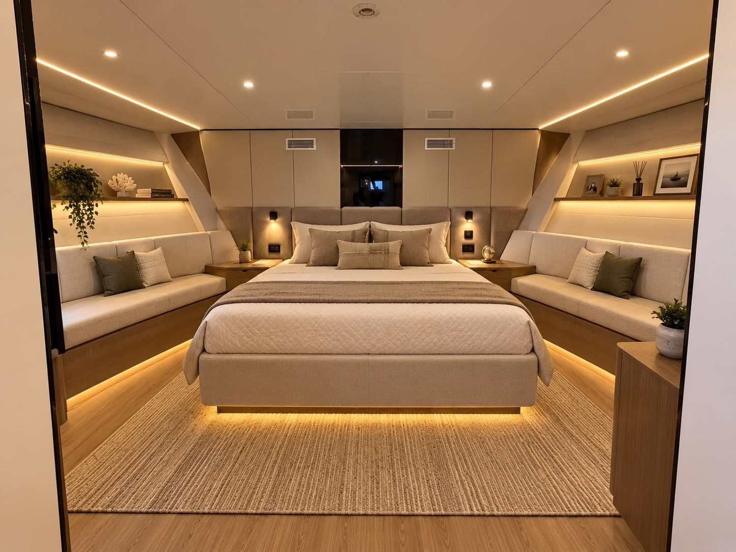 A master cabin with a double bed, side banquettes and soft LED lighting.