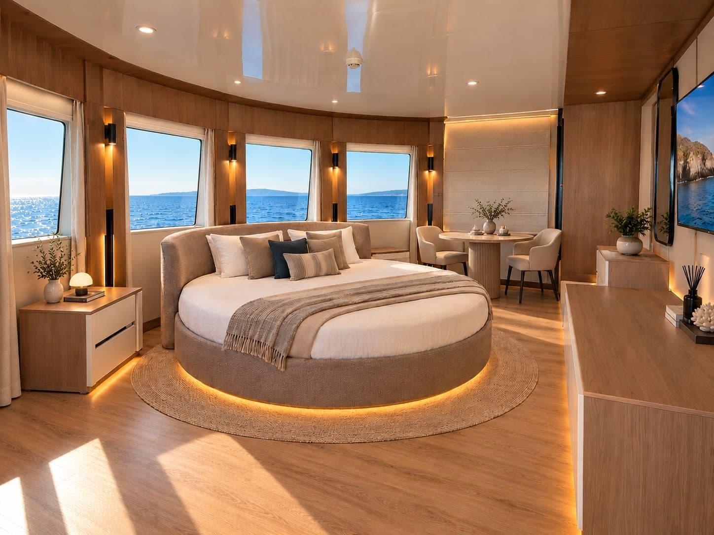 A suite with a circular bed and panoramic windows over the Red Sea.
