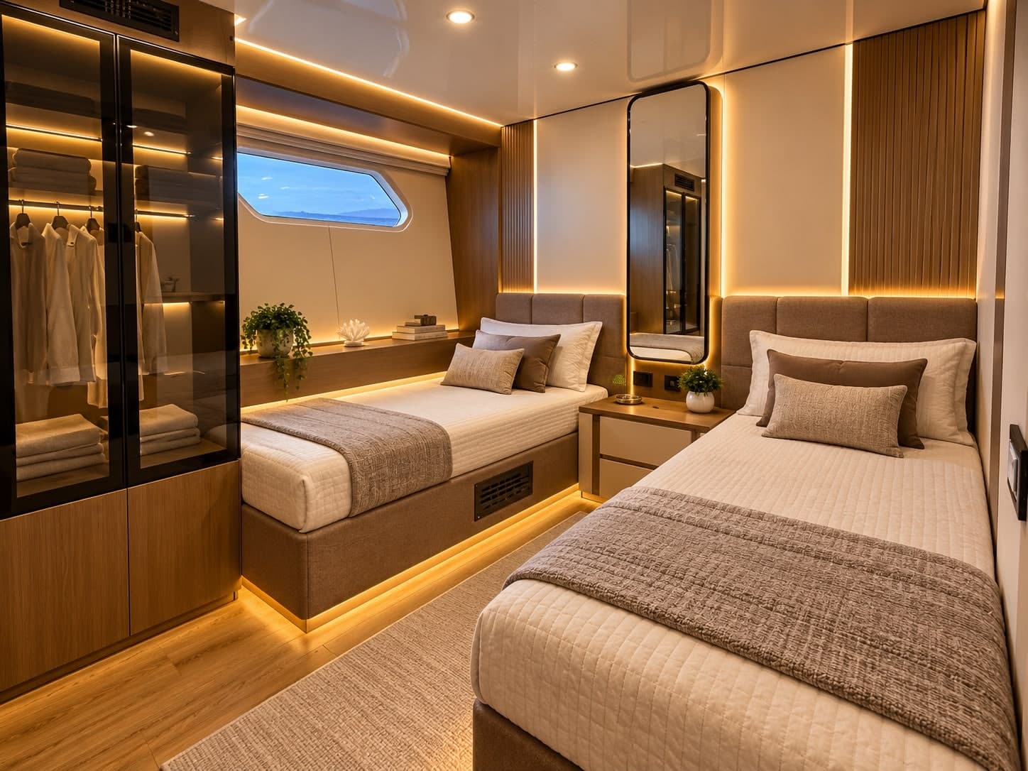A classic twin cabin on SARAH & MO 2, with two single beds and a sea window.