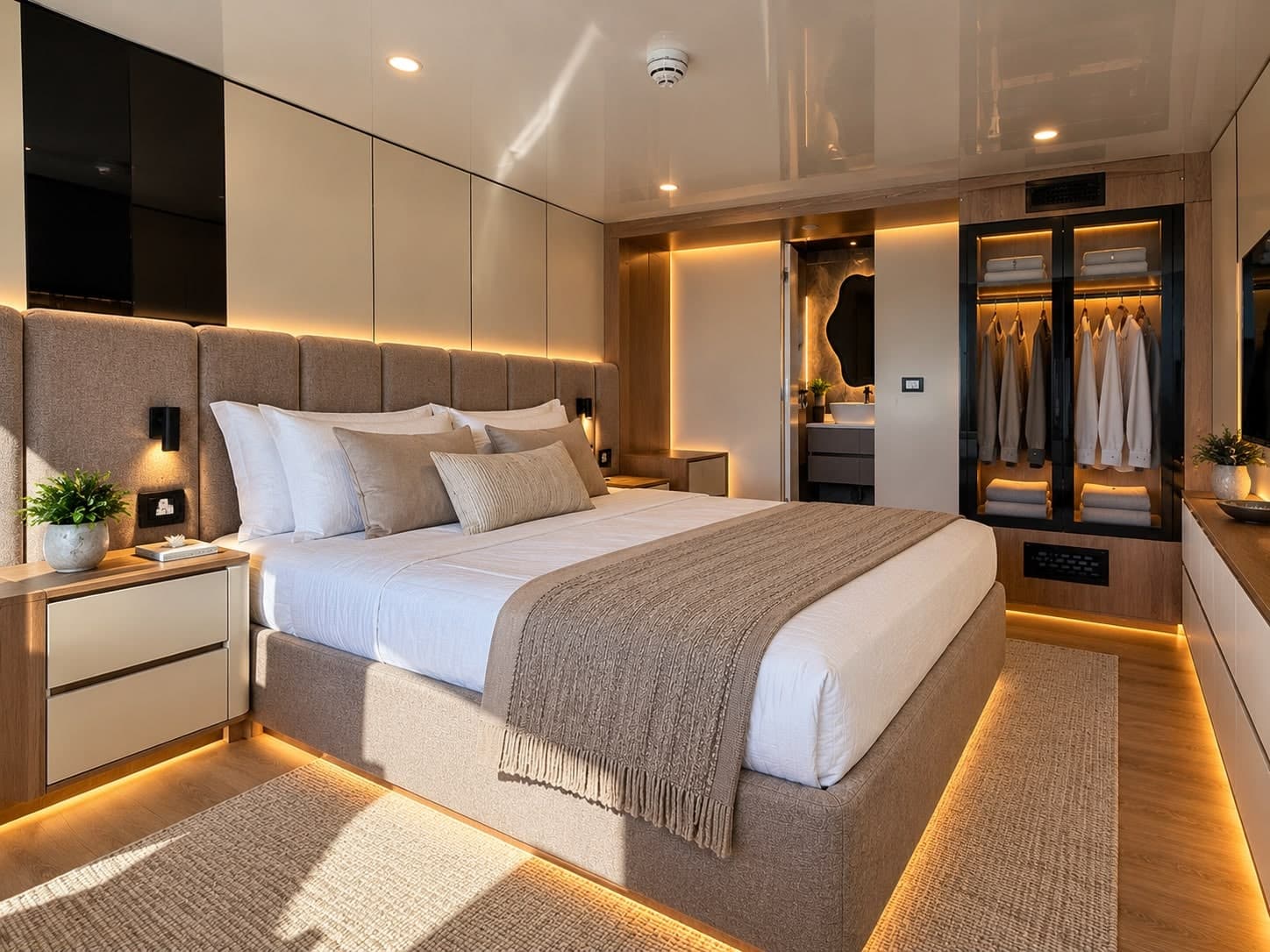 A suite cabin with a tall headboard, wardrobe and ensuite beyond.