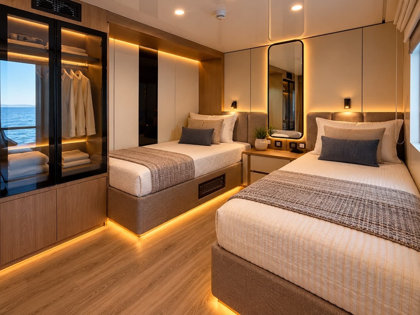 A twin cabin with glass wardrobe doors and a view of the Red Sea.