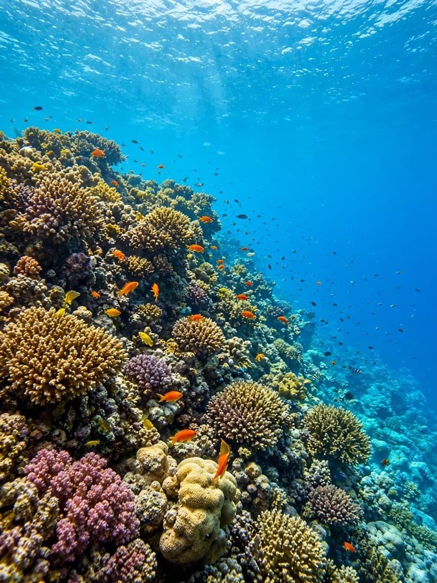 Coral reef and reef fish in clear water.