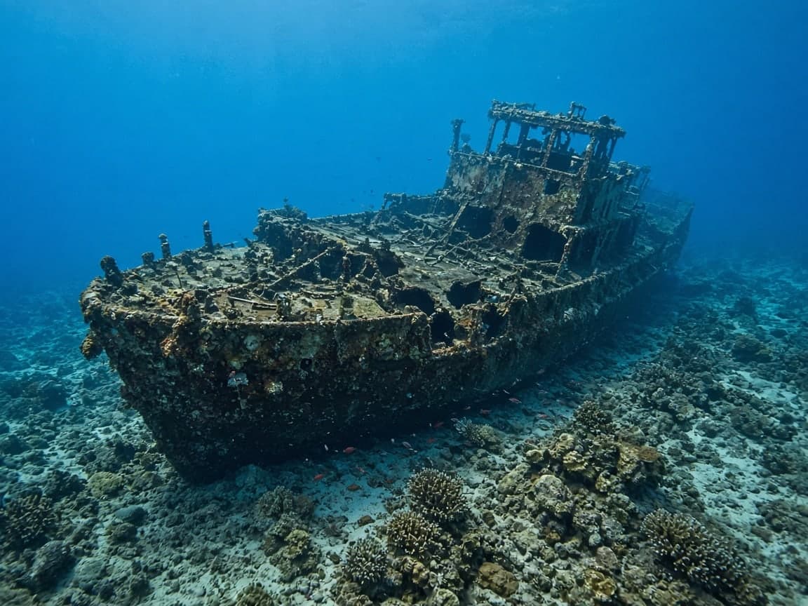 A wreck resting on the seabed.