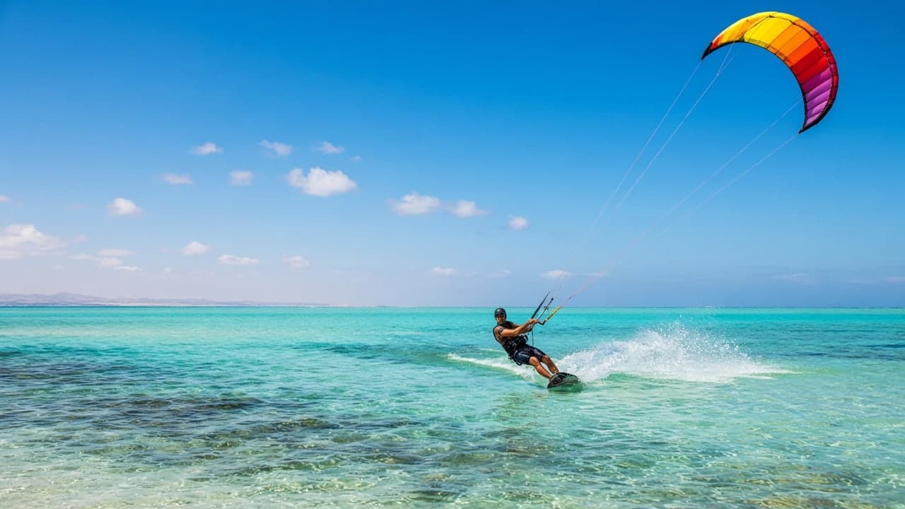 A kitesurfer riding across a flat turquoise lagoon.